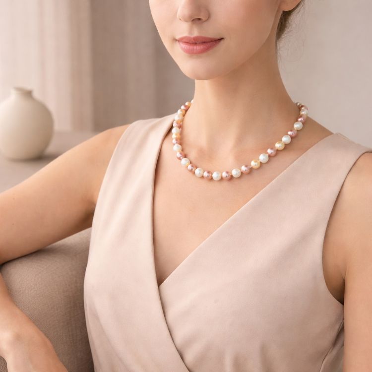 Mujer sentada con collar de perlas de colores suaves