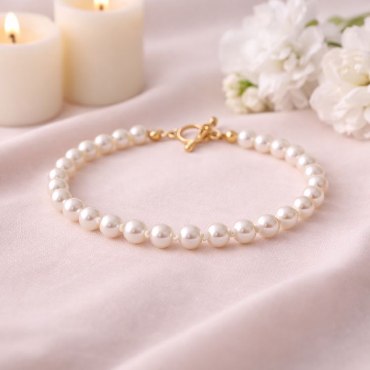 Pulsera de perla blanca pequeña en composición minimalista