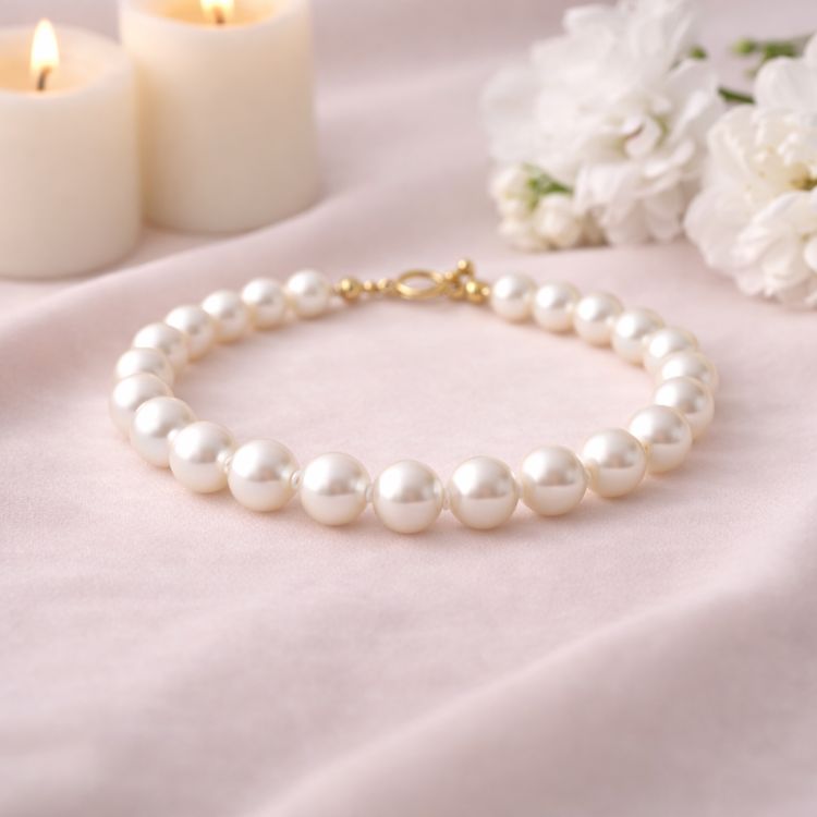 Pulsera de perla blanca en flat lay elegante