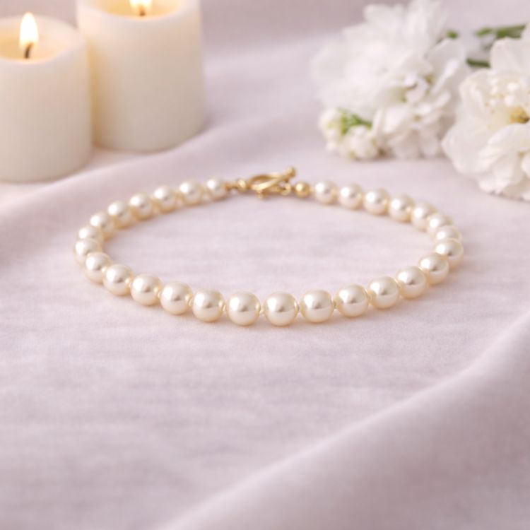 Pulsera de perla crema pequeña en composición minimalista