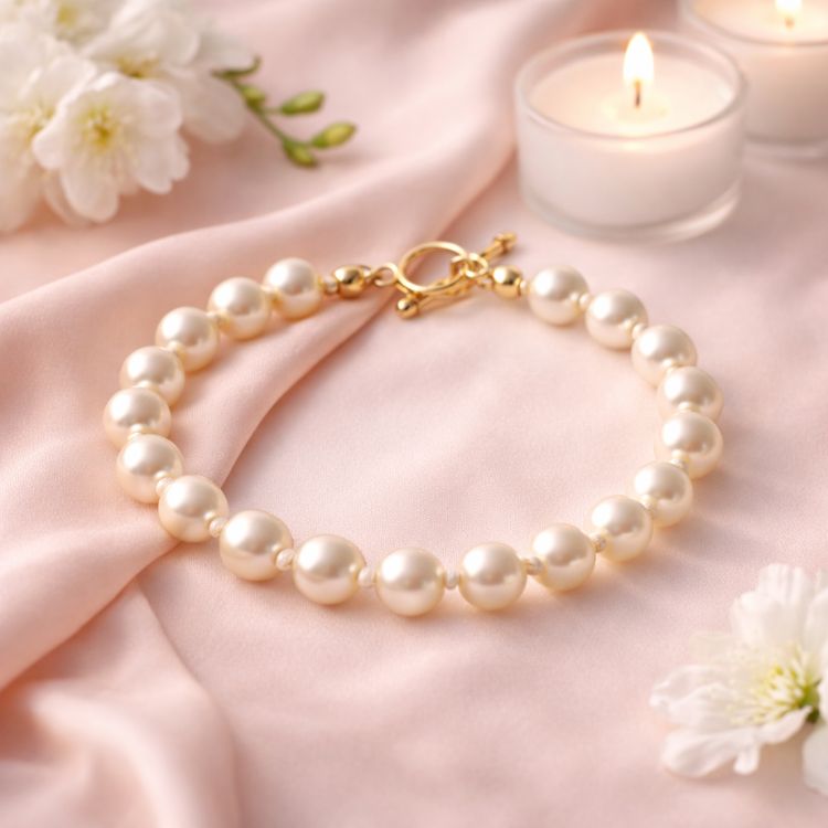 Pulsera de perla crema en flat lay suave