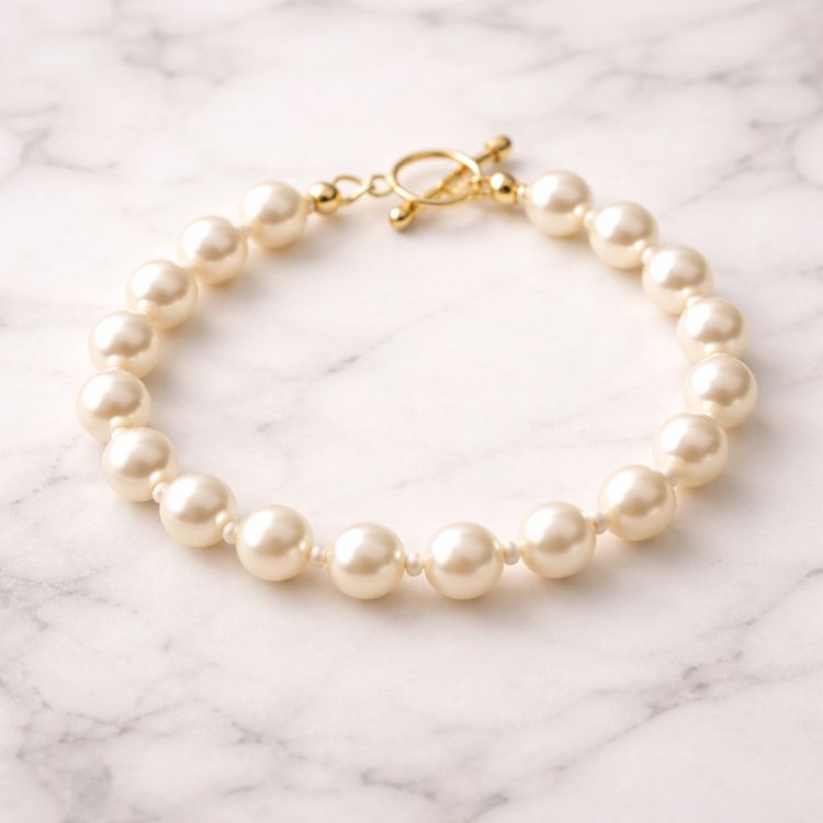 Pulsera de perla crema sobre superficie de mármol
