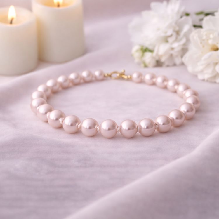 Pulsera de perla rosa pastel en flat lay femenino